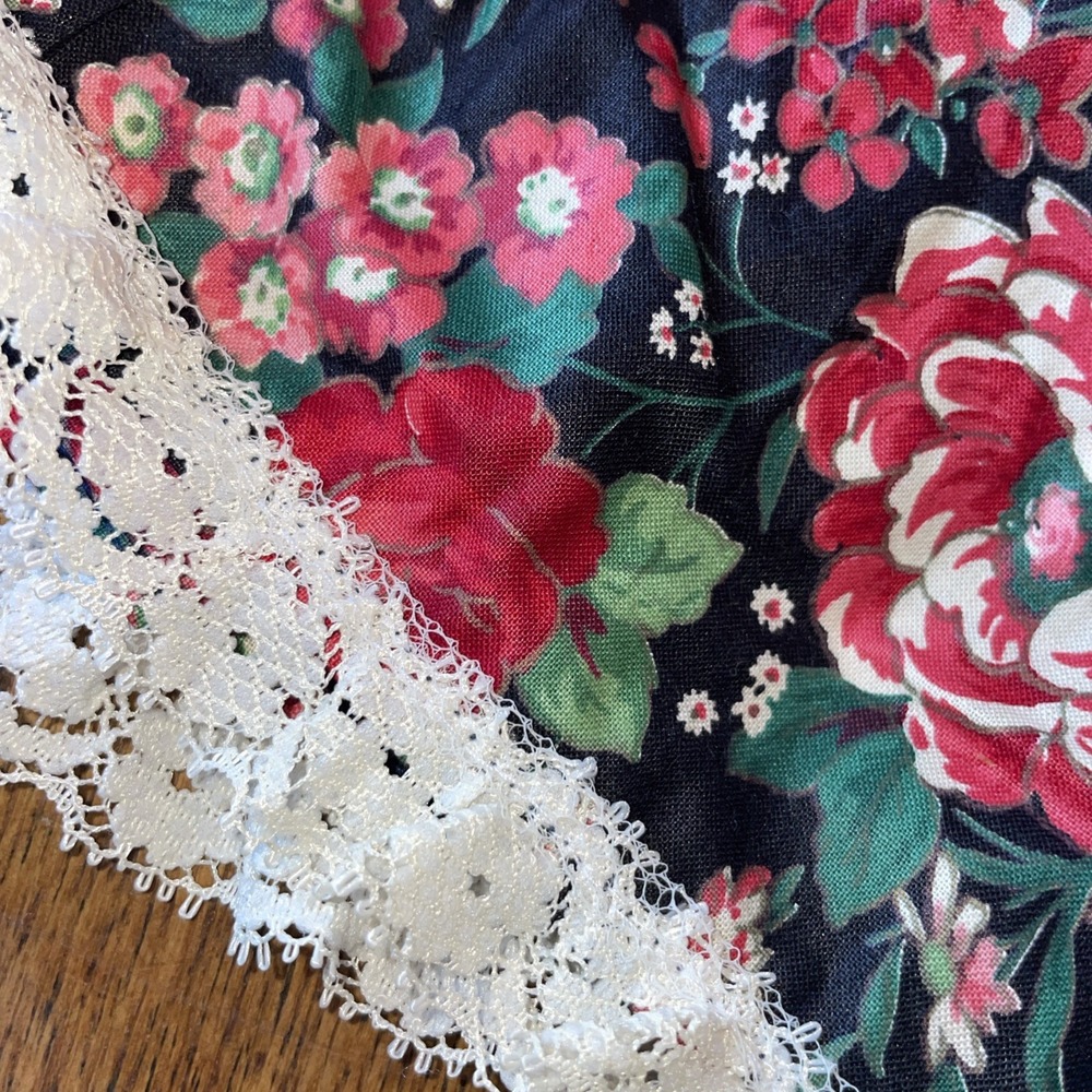OOAK Sweet Black Floral Dress Covered in Red & Pink Flowers, Ruffle Lace, Pleats